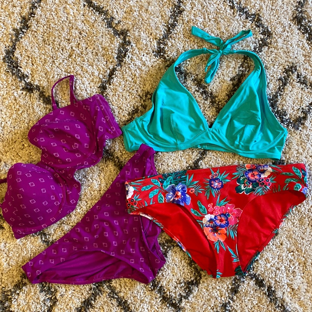 Old Navy Teal Halter Bikini Top and Red Floral Bikini Bottoms